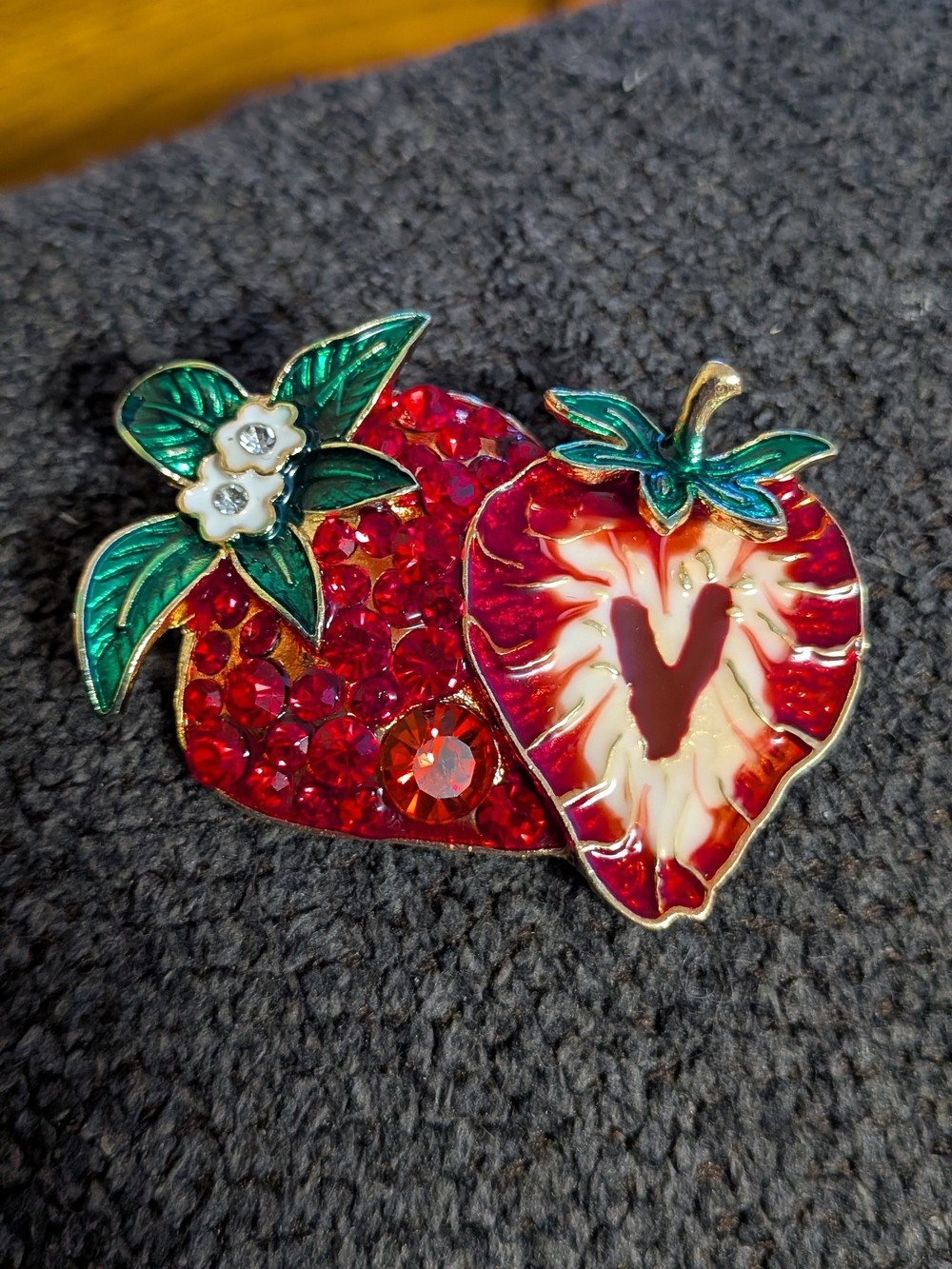 Strawberry Brooch Pin Red Rhinestone Sliced Enamel Fruit Blossom Gold Tone